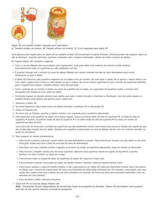 Objeto 3D com trabalho artístico mapeado para cada lateral
A. Trabalho artístico de símbolo B. Trabalho artístico de símbolo C. A e B mapeados para objeto 3D
Você apenas pode mapear para um objeto 3D um trabalho artístico 2D armazenado no painel Símbolos. Símbolos podem ser qualquer objeto de
arte do Illustrator, incluindo caminhos, caminhos compostos, texto, imagens rasterizadas, objetos de malha e grupos de objetos.
Ao mapear objetos 3D, considere o seguinte:
Como o recurso Mapear arte usa símbolos para mapeamento, você pode editar uma instância de símbolo e então atualizar
automaticamente todas as superfícies que são mapeadas com ela.
É possível interagir com o símbolo na caixa de diálogo Mapear arte usando controles normais de caixa delimitadora para mover,
dimensionar ou girar o objeto.
O efeito 3D memoriza cada superfície mapeada em um objeto como um número. Se você editar o objeto 3D ou aplicar o mesmo efeito a um
novo objeto, poderá haver menos ou mais laterais do que o original. Se houver menos superfícies do que o número de superfícies definidas
para o mapeamento original, o trabalho artístico extra será ignorado.
Como a posição de um símbolo é relativa ao centro da superfície de um objeto, se a geometria da superfície mudar, o símbolo será
remapeado com relação ao novo centro do objeto.
Você pode mapear um trabalho artístico para objetos que usam o efeito Extrusão e chanfrado ou Revolução, mas não pode mapear um
trabalho artístico para objetos que apenas usam o efeito Giro.
1. Selecione o objeto 3D.
2. No painel Aparência, clique duas vezes nos efeitos Extrusão e chanfrado 3D ou Revolução 3D.
3. Clique em Mapear arte.
4. No menu pop-up Símbolo, escolha o trabalho artístico a ser mapeado para a superfície selecionada.
5. Para selecionar qual superfície de objeto você deseja mapear, clique no primeiro botão de seta de superfície , no botão de seta de
superfície anterior, no próximo botão de seta de superfície e no último botão de seta de superfície ou insira um número de
superfície na caixa de texto.
Uma marca de cor cinza-claro é exibida nas superfícies que são atualmente visíveis. Uma marca cinza-escuro é exibida nas superfícies que
são ocultas pela posição atual do objeto. Quando uma superfície é selecionada na caixa de diálogo, ela fica com um contorno vermelho na
janela do documento.
6. Siga qualquer um destes procedimentos:
Para mover o símbolo, posicione o ponto dentro da caixa delimitadora e arraste. Para dimensionar, arraste uma alça lateral ou de canto.
Para girar, arraste para fora e perto de uma alça de caixa de delimitadora.
Para fazer com que o trabalho artístico mapeado se encaixe nos limites da superfície selecionada, clique em Ajustar às dimensões.
Para remover o trabalho artístico de uma única superfície, selecione essa superfície usando as opções de Superfície e escolhe
Nenhum, no menu Símbolo, ou clique em Limpar.
Para remover todos os mapas de todas as superfícies do objeto 3D, clique em Limpar tudo.
Para sombrear e aplicar a iluminação do objeto ao trabalho artístico mapeado, selecione Aplicar sombra à arte.
Para mostrar apenas o mapa do trabalho artístico, e não a geometria de um objeto 3D, selecione Geometria invisível. Isso é útil quando
se deseja usar o recurso de mapeamento 3D como uma ferramenta de deformação tridimensional. Por exemplo, você poderia usar essa
opção para mapear texto para a lateral de uma linha ondulada com extrusão, de forma que esse texto parecesse deformado, como se
estivesse em uma bandeira.
Para visualizar o efeito, selecione Visualizar.
7. Clique em OK na caixa de diálogo Mapear arte.
Nota: Ferramentas 3D são independentes das ferramentas Grade de perspectiva do Illustrator. Objetos 3D são tratados como qualquer
outro tipo de arte quando inseridos na Grade de perspectiva.
257
 