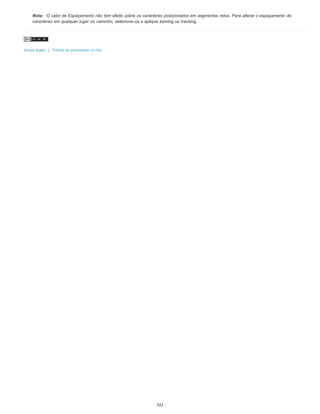 Nota: O valor de Espaçamento não tem efeito sobre os caracteres posicionados em segmentos retos. Para alterar o espaçamento de
caracteres em qualquer lugar no caminho, selecione-os e aplique kerning ou tracking.
Avisos legais | Política de privacidade on-line
322
 