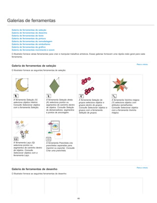 Galerias de ferramentas
Para o início
Para o início
Galeria de ferramentas de seleção
Galeria de ferramentas de desenho
Galeria de ferramentas de texto
Galeria de ferramentas de pintura
Galeria de ferramentas de remodelagem
Galeria de ferramentas de simbolismo
Galeria de ferramentas de gráfico
Galeria de ferramentas movimento e zoom
O Illustrator fornece várias ferramentas para criar e manipular trabalhos artísticos. Essas galerias fornecem uma rápida visão geral para cada
ferramenta.
Galeria de ferramentas de seleção
O Illustrator fornece as seguintes ferramentas de seleção:
A ferramenta Seleção (V)
seleciona objetos inteiros.
Consulte Selecionar objetos
com a ferramenta Seleção.
A ferramenta Seleção direta
(A) seleciona pontos ou
segmentos de caminho dentro
de objetos. Consulte Seleção
de demarcadores, segmentos
e pontos de ancoragem.
A ferramenta Seleção de
grupos seleciona objetos e
grupos dentro de grupos.
Consulte Selecionar objetos e
grupos com a ferramenta
Seleção de grupos.
A ferramenta Varinha mágica
(Y) seleciona objetos com
atributos semelhantes.
Consulte Selecionar objetos
com a ferramenta Varinha
mágica.
A ferramenta Laço (Q)
seleciona pontos ou
segmentos de caminho dentro
de objetos. Consulte
Selecionar objetos com a
ferramenta Laço.
A ferramenta Prancheta cria
pranchetas separadas para
imprimir ou exportar. Consulte
Criar uma prancheta.
Galeria de ferramentas de desenho
O Illustrator fornece as seguintes ferramentas de desenho:
49
 