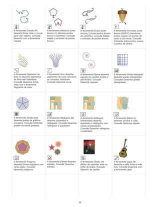 A ferramenta Caneta (P)
desenha linhas retas e curvas
para criar objetos. Consulte
Desenho com a ferramenta
Caneta.
A ferramenta Adicionar ponto
âncora (+) adiciona pontos
âncora a caminhos. Consulte
Adição e exclusão de pontos
âncora.
A ferramenta Excluir ponto
âncora (-) exclui pontos âncora
de caminhos. Consulte Adição
e exclusão de pontos âncora.
A ferramenta Converter ponto
âncora (Shift+C) transforma
pontos suaves em pontos de
canto e vice-versa. Consulte
Converter entre pontos suaves
e pontos de vértice.
A ferramenta Segmento de
linha () desenha segmentos
de linha reta individuais.
Consulte Desenhar linhas
retas com a ferramenta
Segmento de linha.
A ferramenta Arco desenha
segmentos de curva côncavos
ou convexos individuais.
Consulte Desenhar arcos.
A ferramenta Espiral desenha
espirais em sentido horário e
anti-horário. Consulte
Desenhar espirais.
A ferramenta Grade retangular
desenha grades retangulares.
Consultar Desenhar grades
retangulares.
A ferramenta Grade polar
desenha grades de gráficos
circulares. Consulte Desenhar
grades circulares (polares).
A ferramenta Retângulo (M)
desenha quadrados e
retângulos. Consulte Desenhar
retângulos e quadrados.
A ferramenta Retângulo
arredondado desenha
quadrados e retângulos com
cantos arredondados.
Consulte Desenhar retângulos
e quadrados.
A ferramenta Elipse (L)
desenha círculos e ovais.
Consulte Desenhar elipses.
A ferramenta Polígono
desenha formas regulares com
vários lados. Consulte
Desenhar polígonos.
A ferramenta Estrela desenha
estrelas. Consulte Desenhar
estrelas.
A ferramenta Clarão cria
efeitos de explosão solar ou
brilho de lentes. Consulte
Desenho de clarões.
A ferramenta Lápis (N)
desenha e edita linhas à mão
livre. Consulte Desenhar com
a ferramenta Lápis.
50
 