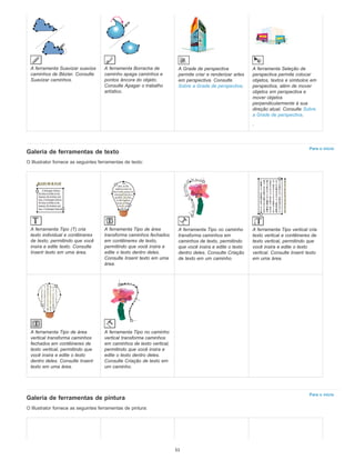 Para o início
Para o início
A ferramenta Suavizar suaviza
caminhos de Bézier. Consulte
Suavizar caminhos.
A ferramenta Borracha de
caminho apaga caminhos e
pontos âncora do objeto.
Consulte Apagar o trabalho
artístico.
A Grade de perspectiva
permite criar e renderizar artes
em perspectiva. Consulte
Sobre a Grade de perspectiva.
A ferramenta Seleção de
perspectiva permite colocar
objetos, textos e símbolos em
perspectiva, além de mover
objetos em perspectiva e
mover objetos
perpendicularmente à sua
direção atual. Consulte Sobre
a Grade de perspectiva.
.
Galeria de ferramentas de texto
O Illustrator fornece as seguintes ferramentas de texto:
A ferramenta Tipo (T) cria
texto individual e contêineres
de texto, permitindo que você
insira e edite texto. Consulte
Inserir texto em uma área.
A ferramenta Tipo de área
transforma caminhos fechados
em contêineres de texto,
permitindo que você insira e
edite o texto dentro deles.
Consulte Inserir texto em uma
área.
A ferramenta Tipo no caminho
transforma caminhos em
caminhos de texto, permitindo
que você insira e edite o texto
dentro deles. Consulte Criação
de texto em um caminho.
A ferramenta Tipo vertical cria
texto vertical e contêineres de
texto vertical, permitindo que
você insira e edite o texto
vertical. Consulte Inserir texto
em uma área.
A ferramenta Tipo de área
vertical transforma caminhos
fechados em contêineres de
texto vertical, permitindo que
você insira e edite o texto
dentro deles. Consulte Inserir
texto em uma área.
A ferramenta Tipo no caminho
vertical transforma caminhos
em caminhos de texto vertical,
permitindo que você insira e
edite o texto dentro deles.
Consulte Criação de texto em
um caminho.
Galeria de ferramentas de pintura
O Illustrator fornece as seguintes ferramentas de pintura:
51
 