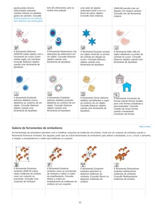Para o início
ajusta pontos âncora
selecionados enquanto
mantém intactos os detalhes
gerais do caminho. Consulte
Esticar partes de um caminho
sem distorcer sua forma geral.
livre (E) dimensiona, gira ou
inclina uma seleção.
uma série de objetos
misturados entre a cor e a
forma de vários objetos.
Consulte Criar misturas.
(Shift+W) permite criar um
traçado com largura variável.
Consulte Uso da ferramenta
Largura.
A ferramenta Deformar
(Shift+R) molda objetos com o
movimento do cursor (como
moldar argila, por exemplo).
Consulte Distorcer objetos
usando uma ferramenta de
liquefazer.
A ferramenta Redemoinho cria
distorções de redemoinho em
um objeto. Consulte Distorcer
objetos usando uma
ferramenta de liquefazer.
A ferramenta Esvaziar esvazia
um objeto movendo os pontos
de controle em direção ao
cursor. Consulte Distorcer
objetos usando uma
ferramenta de liquefazer.
A ferramenta Inflar infla um
objeto afastando os pontos de
controle do cursor. Consulte
Distorcer objetos usando uma
ferramenta de liquefazer.
A ferramenta Guirlanda
adiciona detalhes curvos
aleatórios ao contorno de um
objeto. Consulte Distorcer
objetos usando uma
ferramenta de liquefazer.
A ferramenta Cristalizar
adiciona detalhes pontudos
aleatórios ao contorno de um
objeto. Consulte Distorcer
objetos usando uma
ferramenta de liquefazer.
A ferramenta Vincar adiciona
detalhes semelhantes a rugas
ao contorno de um objeto.
Consulte Distorcer objetos
usando uma ferramenta de
liquefazer.
A ferramenta Construtor de
formas mescla formas simples
para criar formas complexas e
personalizadas. Consulte
Criação de novas formas
usando a ferramenta
Construtor de formas.
Galeria de ferramentas de simbolismo
As ferramentas de simbolismo permitem criar e modificar conjuntos de instâncias de símbolo. Você cria um conjunto de símbolos usando a
ferramenta Pulverizar símbolos. Em seguida, pode usar as outras ferramentas de simbolismo para alterar a densidade, a cor, o local, o tamanho,
a rotação, a transparência e o estilo das instâncias no conjunto.
A ferramenta Pulverizar
símbolos (Shift+S) insere
várias instâncias de símbolo
como um conjunto na
prancheta. Consulte Criar
conjuntos de símbolos.
A ferramenta Deslocar
símbolos move as ocorrências
de símbolos e altera a ordem
de empilhamento. Consulte
Alterar a ordem de
empilhamento de instâncias de
símbolo em um conjunto.
A ferramenta Comprimir
símbolos aproxima ou
distancia instâncias de
símbolos. Consulte Reunir ou
dispersar instâncias de
símbolo.
A ferramenta Dimensionar
símbolos redimensiona
instâncias de símbolos.
Consulte Redimensionar
instâncias de símbolo.
53
 