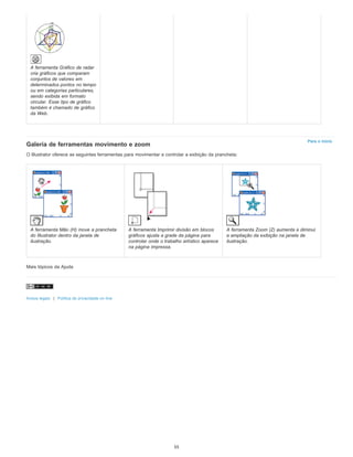 Para o início
A ferramenta Gráfico de radar
cria gráficos que comparam
conjuntos de valores em
determinados pontos no tempo
ou em categorias particulares,
sendo exibida em formato
circular. Esse tipo de gráfico
também é chamado de gráfico
da Web.
Galeria de ferramentas movimento e zoom
O Illustrator oferece as seguintes ferramentas para movimentar e controlar a exibição da prancheta:
A ferramenta Mão (H) move a prancheta
do Illustrator dentro da janela de
ilustração.
A ferramenta Imprimir divisão em blocos
gráficos ajusta a grade da página para
controlar onde o trabalho artístico aparece
na página impressa.
A ferramenta Zoom (Z) aumenta e diminui
a ampliação da exibição na janela de
ilustração.
Mais tópicos da Ajuda
Avisos legais | Política de privacidade on-line
55
 