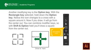 RECTANGLE
TOOL
Another modifying key is the Option key. With the
Rectangle key selected, hold down the Option
key. Notice the icon changes to a cross with a
square around it. Now if you draw, it will go from
the center out. You can combine modifier keys, so
with Shift & Option held you’ll draw a square
from the center out.
Start here
Draw to here
 