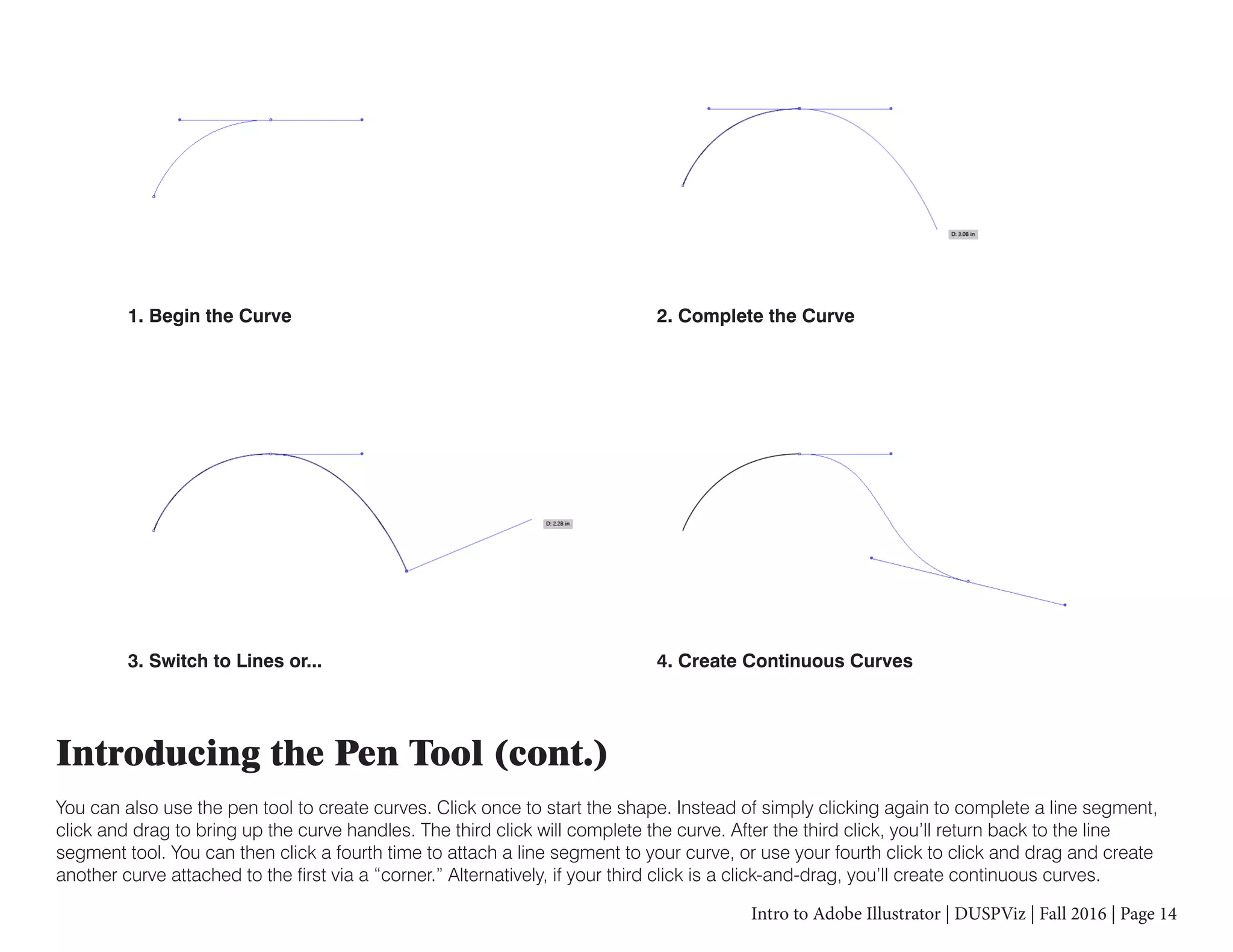 Intro to Adobe Illustrator | DUSPViz | Fall 2016 | Page 14
Introducing the Pen Tool (cont.)
You can also use the pen tool to create curves. Click once to start the shape. Instead of simply clicking again to complete a line segment,
click and drag to bring up the curve handles. The third click will complete the curve. After the third click, you’ll return back to the line
segment tool. You can then click a fourth time to attach a line segment to your curve, or use your fourth click to click and drag and create
another curve attached to the first via a “corner.” Alternatively, if your third click is a click-and-drag, you’ll create continuous curves.
1. Begin the Curve 2. Complete the Curve
3. Switch to Lines or... 4. Create Continuous Curves
 