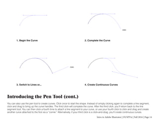 Intro to Adobe Illustrator | DUSPViz | Fall 2016 | Page 14
Introducing the Pen Tool (cont.)
You can also use the pen tool to create curves. Click once to start the shape. Instead of simply clicking again to complete a line segment,
click and drag to bring up the curve handles. The third click will complete the curve. After the third click, you’ll return back to the line
segment tool. You can then click a fourth time to attach a line segment to your curve, or use your fourth click to click and drag and create
another curve attached to the first via a “corner.” Alternatively, if your third click is a click-and-drag, you’ll create continuous curves.
1. Begin the Curve 2. Complete the Curve
3. Switch to Lines or... 4. Create Continuous Curves
 