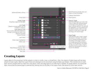 Intro to Adobe Illustrator | DUSPViz | Fall 2016 | Page 8
New Sub-Layer
Creating Layers
Layers allow for the grouping of similar artwork in order to modify, move, or show/hide it. Also, the artwork of higher layers will rest atop
artwork of lower layers. Open the Layers Panel and add layers to the document using the New Layer Button. Then double-click on each
layer name to rename them to match the ones above. Click and drag layers to re-order them if needed. To create artwork on a particular
layer, ensure that the desired layer is selected (by clicking once on the title) in the Layers Panel. See above for other layer actions.
Selection Toggle
Click here (the blank spot next to the
circle) to select all individual artwork
on this layer. If any artwork on this
layer is already selected, this area will
be highlighted. To move artwork from
this layer to another, select it on the
artboard (or click here to select all)
and drag to the desired layer.
Panel Options
Collapse Panel Button
Panel Positioning Handle (click and
drag to un-dock the panel).
Additional Panels in Group
Active Panel
Visibility Toggle
Show/hide objects on this layer.
Lock Toggle
Objects on locked layers can’t be
modified or selected.
Layer Selection Color
This is not the color of the artwork on
the layer, but simply the color of the
selection boundary
Artwork Preview
Layer Name
Active Layer (highlighted)
Delete Layer
New Layer
Make/Release Clipping Mask
Locate Object
Target Toggle
Click here (the open circle) to target
all artwork on this layer. This allows
you to change the appearance and
add effects of this layer’s artwork
as a single group without having to
group it on the artboard. This button
can also be used to select a layer’s
artwork for the purpose of moving it
around the artboard.
 