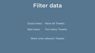 Filter data
Good news:
Bad news:
Want only relevant Tweets
Have all Tweets
Too many Tweets
 
