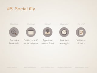 Project Work: illy Brand Managament Autori: Avarista, Brivio, Gangitano, Labbozzetta, Mittempergher, Scotti
#5 Social illy
Socialità
Autorealiz.
Caffè come 1°
social network
App store
(costo: free)
Lanciato
a maggio
Visitatori
di expo
Obiettivo Concept Dove? Quando? Per chi?
 