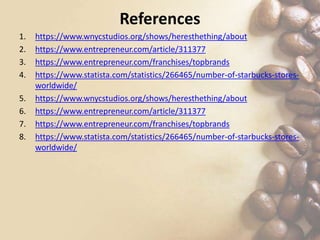 References
1. https://www.wnycstudios.org/shows/heresthething/about
2. https://www.entrepreneur.com/article/311377
3. https://www.entrepreneur.com/franchises/topbrands
4. https://www.statista.com/statistics/266465/number-of-starbucks-stores-
worldwide/
5. https://www.wnycstudios.org/shows/heresthething/about
6. https://www.entrepreneur.com/article/311377
7. https://www.entrepreneur.com/franchises/topbrands
8. https://www.statista.com/statistics/266465/number-of-starbucks-stores-
worldwide/
 