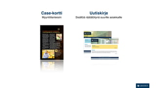 Case-kortti                      Uutiskirje
Myyntitilanteisiin   Sisältöä räätälöitynä suurille asiakkaille
 