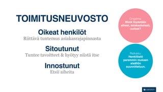 TOIMITUSNEUVOSTO                                 Ongelma:
                                             Mistä löydetään
                                          aiheet, asiakaskeissit,
                                                 uutiset?
        Oikeat henkilöt
 Riittävä tuntemus asiakasrajapinnasta

           Sitoutunut                           Ratkaisu:
 Tuntee tavoitteet & hyötyy niistä itse        Henkilöstö
                                           paremmin mukaan
                                                sisällön
           Innostunut                        suunnitteluun.

             Etsii aiheita
 