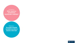 Ongelma:
   Miten saamme
     henkilöstön
käyttämään sisältöjä?




      Ratkaisu:
  Kuuntele tarpeita
 herkällä korvalla &
  toteuta niitä heti!
 