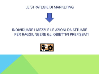LE STRATEGIE DI MARKETING
INDIVIDUARE I MEZZI E LE AZIONI DA ATTUARE
PER RAGGIUNGERE GLI OBIETTIVI PREFISSATI
 