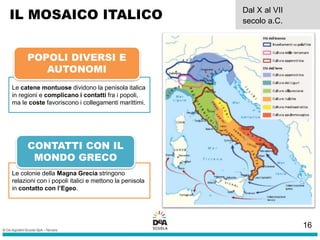 Le colonie della Magna Grecia stringono
relazioni con i popoli italici e mettono la penisola
in contatto con l’Egeo.
Le catene montuose dividono la penisola italica
in regioni e complicano i contatti fra i popoli,
ma le coste favoriscono i collegamenti marittimi.
POPOLI DIVERSI E
AUTONOMI
CONTATTI CON IL
MONDO GRECO
IL MOSAICO ITALICO Dal X al VII
secolo a.C.
16
 