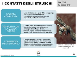 I CONTATTI DEGLI ETRUSCHI
Dal IX al
IV secolo a.C.
• La società etrusca è gerarchica e raggiunge
una strutturazione complessa.
• Le classi più colte e istruite producono
importanti contenuti culturali.
SOCIETÀ
COMPLESSA
• Le città-stato etrusche dell’Italia centrale
entrano in contatto con le formazioni
omologhe della Magna Grecia.
• Etruschi e greci trovano diverse ragioni di
scontro, ma altrettanti stimoli di scambio.
RAPPORTI CON
LA MAGNA
GRECIA
• I siti archeologici etruschi presentano
oggetti e testimonianze che dimostrano i
contatti con la Grecia e il Medio Oriente.
• Gli storici antichi definiscono questo spazio
comune «koiné culturale mediterranea».
COMMERCIO
MEDITERRANEO Protome a forma di grifo in
bronzo. Civiltà etrusca, VII
secolo a.C.
17
 