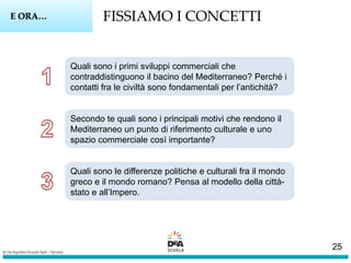 FISSIAMO I CONCETTIE ORA…
Quali sono i primi sviluppi commerciali che
contraddistinguono il bacino del Mediterraneo? Perché i
contatti fra le civiltà sono fondamentali per l’antichità?
Secondo te quali sono i principali motivi che rendono il
Mediterraneo un punto di riferimento culturale e uno
spazio commerciale così importante?
Quali sono le differenze politiche e culturali fra il mondo
greco e il mondo romano? Pensa al modello della città-
stato e all’Impero.
25
 