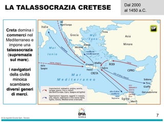 LA TALASSOCRAZIA CRETESE
Dal 2000
al 1450 a.C.
Creta domina i
commerci nel
Mediterraneo e
impone una
talassocrazia
(supremazia
sul mare).
I navigatori
della civiltà
minoica
scambiano
diversi generi
di merci.
7
 