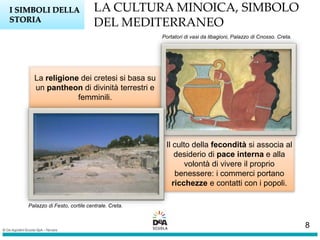 La religione dei cretesi si basa su
un pantheon di divinità terrestri e
femminili.
LA CULTURA MINOICA, SIMBOLO
DEL MEDITERRANEO
Il culto della fecondità si associa al
desiderio di pace interna e alla
volontà di vivere il proprio
benessere: i commerci portano
ricchezze e contatti con i popoli.
I SIMBOLI DELLA
STORIA
Portatori di vasi da libagioni, Palazzo di Cnosso. Creta.
Palazzo di Festo, cortile centrale. Creta.
8
 