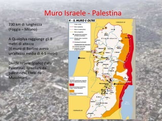 Muro Israele - Palestina
730 km di lunghezza
(Foggia – Milano)
A Qualqilya raggiunge gli 8
metri di altezza
(Il muro di Be...