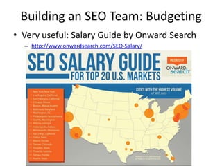 Building an SEO Team: Budgeting
• Very useful: Salary Guide by Onward Search
  – http://www.onwardsearch.com/SEO-Salary/
 