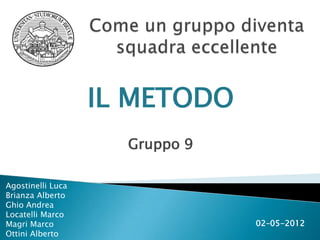 IL METODO
                     Gruppo 9

Agostinelli Luca
Brianza Alberto
Ghio Andrea
Locatelli Marco
Magri Marco                     02–05-2012
Ottini Alberto
 
