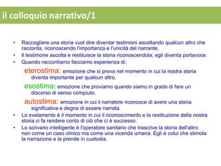 il colloquio narrativo/1

  •   Raccogliere una storia vuol dire diventar testimoni ascoltando qualcun altro che
      racconta, riconoscendo l'importanza e l'unicità del narrante.
  •   Il testimone ascolta e restituisce la storia riconoscendola; egli diventa portavoce.
  •   Quando raccontiamo facciamo esperienza di:
       eterostima: emozione che si prova nel momento in cui la nostra storia
          diventa importante per qualcun altro.
       esostima: emozione che proviamo quando siamo in grado di fare un
          discorso di senso compiuto.
       autostima: emozione in cui il narratore riconosce di avere una storia
           significativa e degna di essere narrata.
  •   Lo svelamento è il momento in cui il riconoscimento e la restituzione della nostra
      storia ci fa rendere conto di ciò che ci è successo.
  •   Lo scrivano intelligente è l'operatore sanitario che trascrive la storia dell'altro
      non come un caso clinico ma come una vicenda umana. Egli è colui che stimola
      la narrazione e la prende in custodia.
 