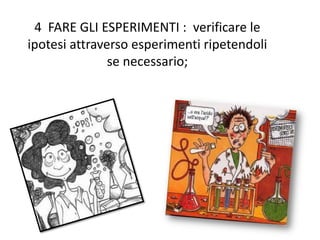 4 FARE GLI ESPERIMENTI : verificare le
ipotesi attraverso esperimenti ripetendoli
se necessario;
 