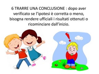 6 TRARRE UNA CONCLUSIONE : dopo aver
verificato se l’ipotesi è corretta o meno,
bisogna rendere ufficiali i risultati ottenuti o
ricominciare dall’inizio.
 