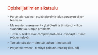 Opiskelijatiimien aikataulu
• Perjantai: reading - etukäteisvalmistelu seuraavan viikon
teemaan
• Maanantai: assessment - yksilötesti ja tiimitesti, viikon
suunnittelua, simple problems
• Tiistai & Keskiviikko: complex problems - työpajat + tiimit
työskentelevät
• Torstai: työpajat + tiimityö jatkuu (tiimitorstai)
• Perjantai: review - tiimityö palaute, reading (kts. ed)
 
