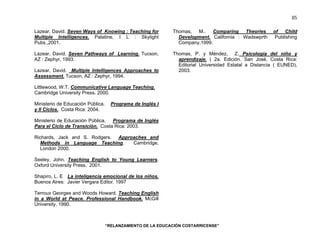 “RELANZAMIENTO DE LA EDUCACIÓN COSTARRICENSE” 
85 
Lazear, David. Seven Ways of Knowing : Teaching for 
Multiple Intelligences. Palatine, I L : Skylight 
Pubs.,2001. 
Lazear, David. Seven Pathways of Learning. Tucson, 
AZ : Zephyr, 1993. 
Lazear, David. Multiple Intelligences Approaches to 
Assessment. Tucson, AZ : Zephyr, 1994. 
Littlewood, W.T. Communicative Language Teaching. 
Cambridge University Press. 2000. 
Ministerio de Educación Pública. Programa de Inglés I 
y II Ciclos. Costa Rica: 2004. 
Ministerio de Educación Pública. Programa de Inglés 
Para el Ciclo de Transición. Costa Rica: 2003. 
Richards, Jack and S. Rodgers. Approaches and 
Methods in Language Teaching. Cambridge, 
London 2000. 
Seeley, John. Teaching English to Young Learners. 
Oxford University Press. 2001. 
Shapiro, L. E La inteligencia emocional de los niños. 
Buenos Aires: Javier Vergara Editor. 1997 
Terroux Georges and Woods Howard. Teaching English 
in a World at Peace. Professional Handbook. McGill 
University. 1990. 
Thomas, M.. Comparing Theories of Child 
Development. California : Wadswprth Publishing 
Company,1999. 
Thomas, P. y Méndez, Z. Psicología del niño y 
aprendizaje. ( 2a. Edición. San José, Costa Rica: 
Editorial Universidad Estatal a Distancia ( EUNED), 
2003. 
 