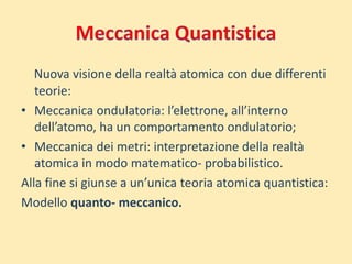 Nuova visione della realtà atomica con due differenti 
teorie: 
• Meccanica ondulatoria: l’elettrone, all’interno 
dell’atomo, ha un comportamento ondulatorio; 
• Meccanica dei metri: interpretazione della realtà 
atomica in modo matematico- probabilistico. 
Alla fine si giunse a un’unica teoria atomica quantistica: 
Modello quanto- meccanico. 
 