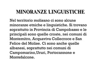Nel territorio molisano ci sono alcune
minoranze etniche e linguistiche. Si trovano
soprattutto in Provincia di Campobasso e le
principali sono quelle croate, nei comuni di
Montemitro, Acquaviva Collecroce e San
Felice del Molise. Ci sono anche quelle
albanesi, soprattutto nei comuni di
Campomarino,Ururi, Portocannone e
Montefalcone.
 