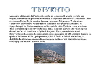 La zona fu abitata sin dall’antichità, anche se la comunità attuale trova le sue
origini più dirette nel periodo medievale. Il toponimo antico era “Trebintum”; non
si conosce l’etimologia ma si sa la sua evoluzione: Trigentum, Trebenhum,
Terebento, Terventum. Abbandonata in seguito alle guerre sannitiche, fu
ripopolata più tardi da una colonia militare della tribù Voltinia, come si evince
dalle iscrizioni lapidee rinvenute nella zona; in epoca augustea fu “municipium
dumvirale” e qui fu esiliata la figlia di Augusto. Fece parte del ducato di
Benevento nel basso medioevo; notizie sicure risalgono all’età angioina durante la
quale fu feudo dei Pipino, per passare poi ai d’Evoli, ai Trinci, ai Caldora, ai
d’Afflitto. Lo stemma è uno scudo, sormontato dalla corona comitale, nel quale
campeggia la lettera T tra due stelle.
 