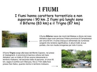 I FIuMI
               I fiumi hanno carattere torrentizio e non
                 superano i 90 km .I fiumi più lunghi sono
                  il Biferno (83 km) e il Trigno (87 km)


                                             Il fiume Biferno nasce dai monti del Matese e sfocia nel mare
                                             Adriatico dopo aver percorso l'intera provincia di Campobasso
                                             per circa 83 km. Il corso d'acqua è alimentato da numerose
                                             sorgenti che rendono significativa, in alcuni tratti, la sua
                                             portata, che non risulta omogenea per tutto il corso.



Il fiume Trigno sorge alla base del Monte Capraro, nei pressi
di Vastogirardi, in provincia di Isernia e sfocia nel mare
Adriatico: per un tratto di 35 km scorre interamente in
territorio molisano; nel secondo tratto di percorso, di circa 45
km, segna il confine con l’Abruzzo, fino a 7 Km dalla foce
presso San Salvo, quando rientra in territorio molisano.
 
