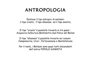 ANTROPOLOGIA
           Esistono 3 tipi antropici di molisani:
   il tipo croato, il tipo albanese ed il tipo sannita,


  Il tipo "croato" è possibile trovarlo in tre paesi :
Acquaviva Collecroce,Montemitro,San Felice del Molise

  Il tipo “albanese" è possibile trovarlo nei comuni:
 Campomarino, Ururi , Portocannone e Montefalcone

  Per il resto, i Molisani sono quasi tutti discendenti
            dell'antico POPOLO SANNITA
 