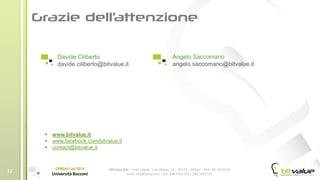 BitValue Srls – Sede Legale: viale Majno, 14 – 20129 – Milano - REA: MI-2019018
Mail: info@bitvalue.it – Tel: 348 7405720 – 348 7405797
CERGAS Lab 2014
Università Bocconi
Davide Ciliberto
davide.ciliberto@bitvalue.it
Angelo Saccomano
angelo.saccomano@bitvalue.it
 www.bitvalue.it
 www.facebook.com/bitvalue.it
 contact@bitvalue.it
12
 