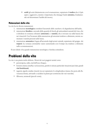 10
§   acidi (gli acini diminuiscono con la maturazione, soprattutto il malico che è il più
aspro e aggressivo, mentre è importante che rimanga l’acido tartarico, fondamen-
tale nel determinare l’acidità del mosto).
Maturazioni della vite
La vite ha tre diverse maturazioni:
1.   maturazione tecnologica considera l’accumulo dello zucchero e la degradazione dell’acido;
2.   maturazione fenolica a seconda della quantità di fenoli, gli antiossidanti naturali del vino, che
si dividono in sostanze coloranti (antociani) e i tannini, che si trovano sia nulla buccia che
nei vinaccioli. Con l’avanzare della maturazione gli antociani tendono a diminuire, mentre au-
mentano i tannini presenti nelle bucce.
3.   maturazione aromatica è legata all’accumulo degli aromi varietali, soprattutto del gruppo dei
terpeni. Le sostanze aromatiche vanno aumentando con il tempo ma tendono a diminuire
nelle sovramaturazioni.
Il caso ideale si ha quando maturazione tecnologica e fenolica coincidono.
Problemi della vite
La vite è una pianta molto delicata. Alcuni dei suoi peggiori nemici sono:
•   peronospora, oidio, mal dell’esca (fungo);
•   botrytis cinerea (muffa) è un’eccezione, perché in alcune particolari situazioni può dare grandi
vini botritizzati;
•   ragnetti, tignoli, cicaline (insetti) tra cui soprattutto lo schaphoideus titanus che porta alla fla-
vescenza dorata, arrivando a uccidere la pianta per costrizione dei vasi vascolari;
•   fillossera, nematodi (piccoli vermi).
 