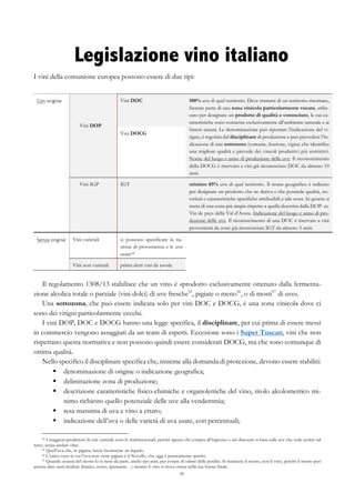 39
Legislazione vino italiano
I vini della comunione europea possono essere di due tipi:
	
   	
   	
   	
  
	
   	
  
Con	
  origine	
  
Vini DOP
Vini DOC 100% uve di quel territorio. Deve trattarsi di un territorio rinomato,
facente parte di una zona vinicola particolarmente vocata, utiliz-
zato per designare un prodotto di qualità e conosciuto, le cui ca-
ratteristiche sono connesse esclusivamente all’ambiente naturale e ai
fattori umani. Le denominazione può riportare l’indicazione del vi-
tigno, è regolata dal disciplinare di produzione e può prevedere l’in-
dicazione di una sottozona (comune, frazione, vigna) che identifica
una migliore qualità e prevede dei vincoli produttivi più restrittivi.
Nome del luogo e anno di produzione delle uve. Il riconoscimento
della DOCG è riservato a vini già riconosciuto DOC da almeno 10
anni.
	
   Vini DOCG
	
   Vini IGP IGT minimo 85% uve di quel territorio. Il nome geografico è indicato
per designare un prodotto che ne deriva e che possiede qualità, no-
torietà e caratteristiche specifiche attribuibili a tale zona. In genere si
tratta di una zona più ampia rispetto a quella descritta dalla DOP. es.
Vin de pays della Val d’Aosta. Indicazione del luogo e anno di pro-
duzione delle uve. Il riconoscimento di una DOC è riservato a vini
provenienti da zone già riconosciute IGT da almeno 5 anni.
Senza	
  origine	
   Vini varietali si possono specificare la na-
zione di provenienza e le uve
usate54
	
   Vini non varietali prima detti vini da tavola
Il regolamento 1308/13 stabilisce che un vino è «prodotto esclusivamente ottenuto dalla fermenta-
zione alcolica totale o parziale (vini dolci) di uve fresche55
, pigiate o meno56
, o di mosti57
di uve».
Una sottozona, che può essere indicata solo per vini DOC e DOCG, è una zona vinicola dove ci
sono dei vitigni particolarmente eccelsi.
I vini DOP, DOC e DOCG hanno una legge specifica, il disciplinare, per cui prima di essere messi
in commercio vengono assaggiati da un team di esperti. Eccezione sono i Super Tuscan, vini che non
rispettano questa normativa e non possono quindi essere considerati DOCG, ma che sono comunque di
ottima qualità.
Nello specifico il disciplinare specifica che, insieme alla domanda di protezione, devono essere stabiliti:
§   denominazione di origine o indicazione geografica;
§   delimitazione zona di produzione;
§   descrizione caratteristiche fisico-chimiche e organolettiche del vino, titolo alcolometrico mi-
nimo richiesto quello potenziale delle uve alla vendemmia;
§   resa massima di uva e vino a ettaro;
§   indicazione dell’uva o delle varietà di uva usate, con percentuali;
54 I maggiori produttori di vini varietali sono le multinazionali, perché spesso chi compra all’ingrosso e nei discount si basa sulle uve che vede scritte sul
retro, senza andare oltre.
55 Quell’uva che, se pigiata, lascia fuoriuscire un liquido.
56 L’unico caso in cui l’uva non viene pigiata è il Novello, che oggi è praticamente sparito.
57 Quando avanza del mosto lo si tiene da parte, anche per anni, per evitare di subire delle perdite. Si mantiene il mosto, non il vino, perché il mosto può
ancora dare tanti risultati (bianco, rosso, spumante…) mentre il vino si trova ormai nella sua forma finale.
 