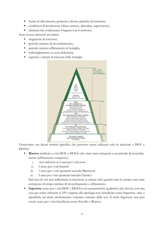40
§   forme di allevamento, potatura e divieto pratiche di forzatura;
§   condizioni di produzione (clima, terreno, altitudine, esposizione);
§   elementi che evidenziano il legame con il territorio.
Sono invece elementi secondari:
§   irrigazione di soccorso;
§   periodo minimo di invecchiamento;
§   periodo minimo affinamento in bottiglia;
§   imbottigliamento in zona delimitata;
§   capacità e sistemi di chiusura delle bottiglie.
Osserviamo ora alcuni termini specifici, che possono essere utilizzati solo in relazione a DOC e
DOCG:
§   Riserva attribuito a vini DOC e DOCG che siano stati sottoposti a un periodo di invecchia-
mento (affinamento compreso):
i.   non inferiore ai 2 anni per i vini rossi
ii.   1 anno per i vini bianchi
iii.   1 anno per i vini spumanti metodo Martinotti
iv.   3 anni per i vini spumanti metodo Classico
Nel caso di vini non millesimati, la menzione si ottiene solo quando tutte le annate sono state
sottoposte al tempo minimo di invecchiamento e affinamento.
§   Superiore usato per i vini DOC e DOCG con caratteristiche qualitative più elevate, con una
resa per ettaro inferiore al 10% rispetto alla tipologia non classificata come Superiore, oltre a
specifiche sul titolo alcolometrico volumico minimo delle uve. Il titolo Superiore non può
essere usato per i vini classificato come Novello o Riserva.
 