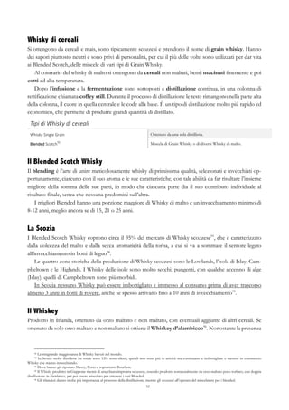 52
Whisky di cereali
Si ottengono da cereali e mais, sono tipicamente scozzesi e prendono il nome di grain whisky. Hanno
dei sapori piuttosto neutri e sono privi di personalità, per cui il più delle volte sono utilizzati per dar vita
ai Blended Scotch, delle miscele di vari tipi di Grain Whisky.
Al contrario del whisky di malto si ottengono da cereali non maltati, bensì macinati finemente e poi
cotti ad alta temperatura.
Dopo l’infusione e la fermentazione sono sottoposti a distillazione continua, in una colonna di
rettificazione chiamata coffey still. Durante il processo di distillazione le teste rimangono nella parte alta
della colonna, il cuore in quella centrale e le code alla base. È un tipo di distillazione molto più rapido ed
economico, che permette di produrre grandi quantità di distillato.
Tipi	
  di	
  Whisky	
  di	
  cereali	
   	
  
Whisky	
  Single	
  Grain	
   Ottenuto da una sola distilleria.
Blended	
  Scotch
92
	
   Miscela di Grain Whisky o di diversi Whisky di malto.
Il Blended Scotch Whisky
Il blending è l’arte di unire meticolosamente whisky di primissima qualità, selezionati e invecchiati op-
portunamente, ciascuno con il suo aroma e le sue caratteristiche, con tale abilità da far risultare l’insieme
migliore della somma delle sue parti, in modo che ciascuna parte dia il suo contributo individuale al
risultato finale, senza che nessuna predomini sull’altra.
I migliori Blended hanno una porzione maggiore di Whisky di malto e un invecchiamento minimo di
8-12 anni, meglio ancora se di 15, 21 o 25 anni.
La Scozia
I Blended Scotch Whisky coprono circa il 95% del mercato di Whisky scozzese93
, che è caratterizzato
dalla dolcezza del malto e dalla secca aromaticità della torba, a cui si va a sommare il sentore legato
all’invecchiamento in botti di legno94
.
Le quattro zone storiche della produzione di Whisky scozzesi sono le Lowlands, l’isola di Islay, Cam-
pbeltown e le Higlands. I Whisky delle isole sono molto secchi, pungenti, con qualche accenno di alge
(Islay), quelli di Campbeltown sono più morbidi.
In Scozia nessuno Whisky può essere imbottigliato e immesso al consumo prima di aver trascorso
almeno 3 anni in botti di rovere, anche se spesso arrivano fino a 10 anni di invecchiamento95
.
Il Whiskey
Prodotto in Irlanda, ottenuto da orzo maltato e non maltato, con eventuali aggiunte di altri cereali. Se
ottenuto da solo orzo maltato e non maltato si ottiene il Whiskey d’alambicco96
. Nonostante la presenza
92 La stragrande maggioranza di Whisky bevuti nel mondo.
93 In Scozia molte distillerie (in totale sono 120) sono silenti, quindi non sono più in attività ma continuano a imbottigliare e mettere in commercio
Whisky che stanno invecchiando.
94 Dove hanno già riposato Sherry, Porto e soprattutto Bourbon.
95 Il Whisky prodotto in Giappone risente di una chiara impronta scozzese, essendo prodotto sostanzialmente da orzo maltato poco torbato, con doppia
distillazione in alambicco, per poi essere miscelato per ottenere i vari Blended.
96 Gli irlandesi danno molta più importanza al processo della distillazione, mentre gli scozzesi all’operato del miscelatore per i blended.
 