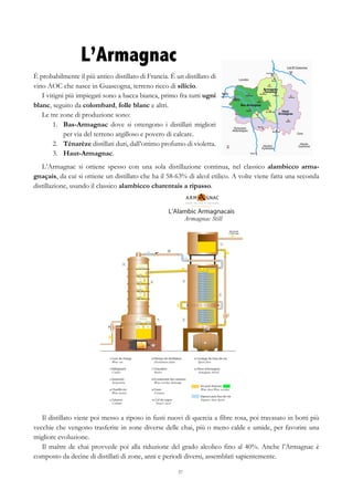 57
L’Armagnac
È probabilmente il più antico distillato di Francia. È un distillato di
vino AOC che nasce in Guascogna, terreno ricco di silicio.
I vitigni più impiegati sono a bacca bianca, primo fra tutti ugni
blanc, seguito da colombard, folle blanc e altri.
Le tre zone di produzione sono:
1.   Bas-Armagnac dove si ottengono i distillati migliori
per via del terreno argilloso e povero di calcare.
2.   Ténarèze distillati duri, dall’ottimo profumo di violetta.
3.   Haut-Armagnac.
L’Armagnac si ottiene spesso con una sola distillazione continua, nel classico alambicco arma-
gnaçais, da cui si ottiene un distillato che ha il 58-63% di alcol etilico. A volte viene fatta una seconda
distillazione, usando il classico alambicco charentais a ripasso.
Il distillato viene poi messo a riposo in fusti nuovi di quercia a fibre rosa, poi travasato in botti più
vecchie che vengono trasferite in zone diverse delle chai, più o meno calde e umide, per favorire una
migliore evoluzione.
Il maître de chai provvede poi alla riduzione del grado alcolico fino al 40%. Anche l’Armagnac è
composto da decine di distillati di zone, anni e periodi diversi, assemblati sapientemente.
 