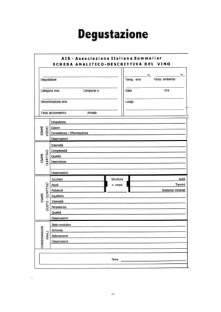 69
Degustazione
A I S r A s s o c i a z i o n eI t a l i a n a S o m m e l i e r
S C H E D AA N A L I T I C O . D E S C R I T T I V AD E L V I N O
Degustatore
Categoriavino Campionen.
Denominazionevino
Titoloalcolometrico Annata
n È
Limpidezza
Colore
ConsistenzaI Efferuescenza
Osseruazioni
o
r u A
= l -
trEo
Intensità
Comolessità
Qualità
Descrizione
Osseruazioni
o
t-
ru t+
- - l
e oA I
LIJ O
F
a
(9
Zuccheri L Struttura I
Arcorr
,
ocorpo
I
Polialcoli I I
Acidi
Tannini
Sostanzeminerali
Equilibrio
Intensità
Persistenza
Qualità
Osseruazioni
z,
o
N J
É , 2
l r l
ó rr-
a
z.
oU
Statoevolutivo
Armonia
Abbinamenti
Osseruazioni
Firma
 