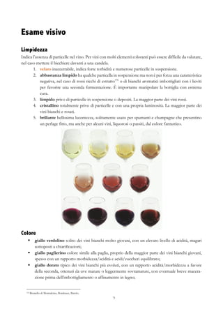 71
Esame visivo
Limpidezza
Indica l’assenza di particelle nel vino. Per vini con molti elementi coloranti può essere difficile da valutare,
nel caso mettere il bicchiere davanti a una candela.
1.   velato inaccettabile, indica forte torbidità e numerose particelle in sospensione.
2.   abbastanza limpido ha qualche particella in sospensione ma non è per forza una caratteristica
negativa, nel caso di rossi ricchi di estratto136
o di bianchi aromatici imbottigliati con i lieviti
per favorire una seconda fermentazione. È importante manipolare la bottiglia con estrema
cura.
3.   limpido privo di particelle in sospensione o depositi. La maggior parte dei vini rossi.
4.   cristallino totalmente privo di particelle e con una propria luminosità. La maggior parte dei
vini bianchi e rosati.
5.   brillante bellissima lucentezza, solitamente usato per spumanti e champagne che presentino
un perlage fitto, ma anche per alcuni vini, liquorosi o passiti, dal colore fantastico.
Colore
§   giallo verdolino solito dei vini bianchi molto giovani, con un elevato livello di acidità, magari
sottoposti a chiarificazioni;
§   giallo paglierino colore simile alla paglia, proprio della maggior parte dei vini bianchi giovani,
spesso con un rapporto morbidezza/acidità e acidi/zuccheri equilibrato;
§   giallo dorato tipico dei vini bianchi più evoluti, con un rapporto acidità/morbidezza a favore
della seconda, ottenuti da uve mature o leggermente sovramature, con eventuale breve macera-
zione prima dell’imbottigliamento o affinamento in legno;
136 Brunello di Montalcino, Bordeaux, Barolo.
 