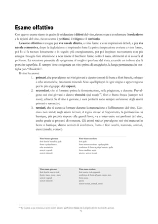 75
Esame olfattivo
Con questo esame siamo in grado di evidenziare i difetti del vino, riconoscere e confermare l’evoluzione
e le tipicità del vino, riconoscerne i profumi, il vitigno e il territorio.
L’esame olfattivo si esegue per via nasale diretta, a vino fermo e con inspirazioni deboli, e per via
nasale retroattiva, dopo la deglutizione e inspirando forte La prima inspirazione avviene a vino fermo,
poi lo si fa ruotare lentamente e in seguito più energicamente, per poi inspirare nuovamente con più
energia. Bisogna fare attenzione a non tenere il bicchiere fermo sotto il naso, altrimenti ci si assuefà al
profumo. La rotazione permette di sprigionare al meglio i profumi del vino, creando un imbuto che li
porta in superficie. È sempre bene ossigenare un vino prima di assaggiarlo, la lunga permanenza in bot-
tiglia può “chiuderlo”.
Il vino ha aromi:
1.   primari, che prevalgono nei vini giovani e danno sentori di frutta e fiori freschi, erbacce
e erbe aromatiche, raramente minerali. Sono quelli propri di ogni vitigno e appartengono
per lo più al gruppo dei terpeni;
2.   secondari, che si formano prima la fermentazione, nella piagiatura, e durante. Preval-
gono nei vini giovani e danno vinosità (nei rossi)139
, fiori e frutta fresca (sempre noi
rossi), erbacei. Se il vino è giovane, i suoi profumi sono sempre un’unione degli aromi
primari e secondari;
3.   terziari, che si vanno a formare durante la maturazione e l’affinamento del vino. L’ac-
ciaio non incide sugli aromi terziari, il legno invece sì. Soprattutto, la permanenza in
barrique, più piccola rispetto alle grandi botti, va a intervenire sui profumi del vino,
anche grazie ai processi di tostatura. Gli aromi terziari prevalgono nei vini maturati in
botte o barrique, danno sentori di confettura, frutta e fiori secchi, tostatura, animali,
eterei (smalti, vernici).
Vino bianco giovane
fiori freschi bianchi e gialli
frutta a polpa bianca
erbe aromatiche
sentori vegetali
sentori minerali
Vino bianco evoluto
fiori gialli
frutta matura esotica e a polpa gialla
confetture di frutta a polpa bianca e gialla
frutta candita e secca
spezie e sentori tostati
Vino rosso giovane
fiori freschi rossi e viola
frutti a bacca rossa e nera
sentori vegetali
sentori minerali
Vino rosso evoluto
fiori rossi e viola appassiti
confettura di frutta a bacca rossa e nera
frutta secca
spezie
sentori tostati, animali, eterei
139 Se si assiste a una svinatura, si potrà sentire proprio quell’odore vinoso che è proprio dei vini rossi molto giovani.
 