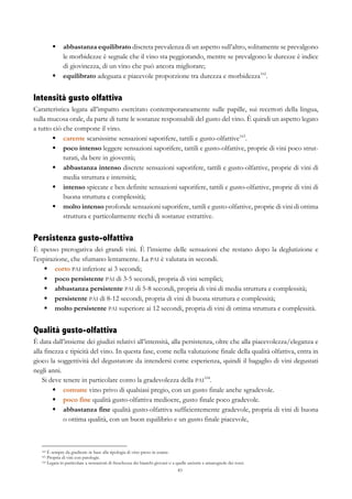 83
§   abbastanza equilibrato discreta prevalenza di un aspetto sull’altro, solitamente se prevalgono
le morbidezze è segnale che il vino sta peggiorando, mentre se prevalgono le durezze è indice
di giovinezza, di un vino che può ancora migliorare;
§   equilibrato adeguata e piacevole proporzione tra durezza e morbidezza162
.
Intensità gusto olfattiva
Caratteristica legata all’impatto esercitato contemporaneamente sulle papille, sui recettori della lingua,
sulla mucosa orale, da parte di tutte le sostanze responsabili del gusto del vino. È quindi un aspetto legato
a tutto ciò che compone il vino.
§   carente scarsissime sensazioni saporifere, tattili e gusto-olfattive163
.
§   poco intenso leggere sensazioni saporifere, tattili e gusto-olfattive, proprie di vini poco strut-
turati, da bere in gioventù;
§   abbastanza intenso discrete sensazioni saporifere, tattili e gusto-olfattive, proprie di vini di
media struttura e intensità;
§   intenso spiccate e ben definite sensazioni saporifere, tattili e gusto-olfattive, proprie di vini di
buona struttura e complessità;
§   molto intenso profonde sensazioni saporifere, tattili e gusto-olfattive, proprie di vini di ottima
struttura e particolarmente ricchi di sostanze estrattive.
Persistenza gusto-olfattiva
È spesso prerogativa dei grandi vini. È l’insieme delle sensazioni che restano dopo la deglutizione e
l’espirazione, che sfumano lentamente. La PAI è valutata in secondi.
§   corto PAI inferiore ai 3 secondi;
§   poco persistente PAI di 3-5 secondi, propria di vini semplici;
§   abbastanza persistente PAI di 5-8 secondi, propria di vini di media struttura e complessità;
§   persistente PAI di 8-12 secondi, propria di vini di buona struttura e complessità;
§   molto persistente PAI superiore ai 12 secondi, propria di vini di ottima struttura e complessità.
Qualità gusto-olfattiva
È data dall’insieme dei giudizi relativi all’intensità, alla persistenza, oltre che alla piacevolezza/eleganza e
alla finezza e tipicità del vino. In questa fase, come nella valutazione finale della qualità olfattiva, entra in
gioco la soggettività del degustatore da intendersi come esperienza, quindi il bagaglio di vini degustati
negli anni.
Si deve tenere in particolare conto la gradevolezza della PAI
164
.
§   comune vino privo di qualsiasi pregio, con un gusto finale anche sgradevole.
§   poco fine qualità gusto-olfattiva mediocre, gusto finale poco gradevole.
§   abbastanza fine qualità gusto-olfattiva sufficientemente gradevole, propria di vini di buona
o ottima qualità, con un buon equilibrio e un gusto finale piacevole,
162 È sempre da giudicare in base alla tipologia di vino preso in esame.
163 Propria di vini con patologie.
164 Legata in particolare a sensazioni di freschezza dei bianchi giovani o a quelle asciutte e amarognole dei rossi.
 