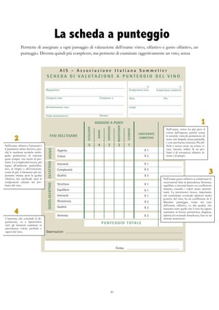 85
La scheda a punteggio
Permette di assegnare a ogni passaggio di valutazione dell’esame visivo, olfattivo e gusto olfattivo, un
punteggio. Diventa quindi più complesso, ma permette di esaminare oggettivamente un vino, senza
189
Leschededivalutazione
A I S - A s s o c i a z i o n e I t a l i a n a S o m m e l i e r
S C H E D A D I V A L U T A Z I O N E A P U N T E G G I O D E L V I N O
Degustatore
Categoria vino Campione n.
Denominazione vino
Annata
Temperatura vino Temperatura ambiente
Data Ora
Luogo
°C °C
Aspetto
Colore
VISIVOOLFATTIVO
Intensità
Complessità
Qualità
Struttura
Equilibrio
Intensità
Persistenza
Qualità
Armonia
GUSTO-OLFATTIVO
Firma
FASI DELL’ESAME
GIUDIZIO A PUNTI
ECCELLENTE
BUONO
SUFFICIENTE
INSUFFICIENTE
SCADENTE
5 4 3 2 1
COEFFICIENTE
CORRETTIVO
PUNTEGGIO
PARZIALE
X 1
X 2
X 1
X 2
X 3
X 1
X 1
X 1
X 2
X 3
X 3
P U N T E G G I O T O T A L E
Osservazioni
Titolo alcolometrico
Nell’esame visivo ha più peso il
colore dell’aspetto, perché ormai
le tecniche vinicole permettono di
avere vini limpidi, senza particelle,
e con una buona struttura. Più dif-
ficile è invece avere un colore vi-
vace, lucente, indice di un pro-
fumo e di sensazioni olfattive in-
tense e di pregio.
Nell’esame olfattivo l’intensità è
il parametro meno decisivo, per-
ché le moderne tecniche enolo-
giche permettono di ottenere
quasi sempre vini ricchi di pro-
fumo. La complessità invece, più
legata all’ambiente pedoclima-
tico, al vitigno e all’evoluzione,
conta di più. L’elemento più im-
portante rimane però la qualità
olfattiva, che racchiude tutte le
componenti valutate nel pro-
fumo del vino.
Nell’esame gusto-olfattivo si enfatizzano le
osservazioni fatte in precedenza. Struttura,
equilibrio e intensità hanno un coefficiente
minimo, essendo i valori meno determi-
nanti. La persistenza invece, importante
nel confermare eventuali opinioni molto
positive del vino, ha un coefficiente di 2.
Massimo punteggio, come nel caso
dell’esame olfattivo, va alla qualità, che
riassumo tutto quello che il vino ha saputo
esprimere in bocca: persistenza, eleganza,
tipicità ed eventuale franchezza, fuse in un
insieme armonioso.L’armonia, che conclude la de-
gustazione, va a ripercorrere
tutti gli elementi esaminati in
precedenza: colori, profumi e
sapori del vino.
 