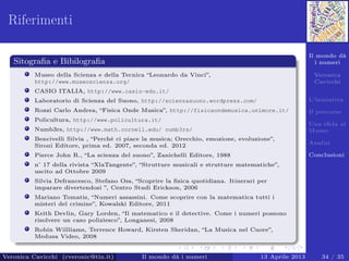 Il mondo dà
i numeri
Veronica
Cavicchi
L’iniziativa
Il percorso
Una sﬁda al
Museo
Analisi
Conclusioni
Riferimenti
Sitograﬁa e Bibilograﬁa
Museo della Scienza e della Tecnica “Leonardo da Vinci”,
http://www.museoscienza.org/
CASIO ITALIA, http://www.casio-edu.it/
Laboratorio di Scienza del Suono, http://scienzasuono.wordpress.com/
Rozzi Carlo Andrea, “Fisica Onde Musica”, http://fisicaondemusica.unimore.it/
Policultura, http://www.policultura.it/
Numb3rs, http://www.math.cornell.edu/ numb3rs/
Bencivelli Silvia , “Perché ci piace la musica; Orecchio, emozione, evoluzione”,
Sironi Editore, prima ed. 2007, seconda ed. 2012
Pierce John R., “La scienza del suono”, Zanichelli Editore, 1988
n˚ 17 della rivista “XlaTangente”, “Strutture musicali e strutture matematiche”,
uscito ad Ottobre 2009
Silvia Defrancesco, Stefano Oss, “Scoprire la ﬁsica quotidiana. Itinerari per
imparare divertendosi ”, Centro Studi Erickson, 2006
Mariano Tomatis, “Numeri assassini. Come scoprire con la matematica tutti i
misteri del crimine”, Kowalski Editore, 2011
Keith Devlin, Gary Lorden, “Il matematico e il detective. Come i numeri possono
risolvere un caso poliziesco”, Longanesi, 2008
Robin Willliams, Terrence Howard, Kirsten Sheridan, “La Musica nel Cuore”,
Medusa Video, 2008
Veronica Cavicchi (cveronic@tin.it) Il mondo dà i numeri 13 Aprile 2013 34 / 35
 