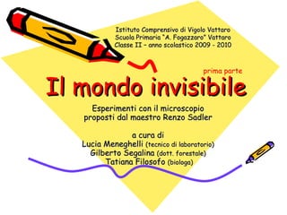 Il mondo invisibile Esperimenti con il microscopio proposti dal maestro Renzo Sadler a cura di Lucia Meneghelli  (tecnico di laboratorio) Gilberto Segalina  (dott. forestale)   Tatiana Filosofo  (biologa) Istituto Comprensivo di Vigolo Vattaro Scuola Primaria “A. Fogazzaro” Vattaro Classe II – anno scolastico 2009 - 2010 prima parte 