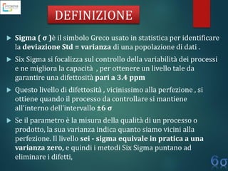 DEFINIZIONE
 Sigma ( σ )è il simbolo Greco usato in statistica per identificare
la deviazione Std = varianza di una popolazione di dati .
 Six Sigma si focalizza sul controllo della variabilità dei processi
e ne migliora la capacità , per ottenere un livello tale da
garantire una difettosità pari a 3.4 ppm
 Questo livello di difettosità , vicinissimo alla perfezione , si
ottiene quando il processo da controllare si mantiene
all’interno dell’intervallo ±6 σ
 Se il parametro è la misura della qualità di un processo o
prodotto, la sua varianza indica quanto siamo vicini alla
perfezione. Il livello sei - sigma equivale in pratica a una
varianza zero, e quindi i metodi Six Sigma puntano ad
eliminare i difetti,
 